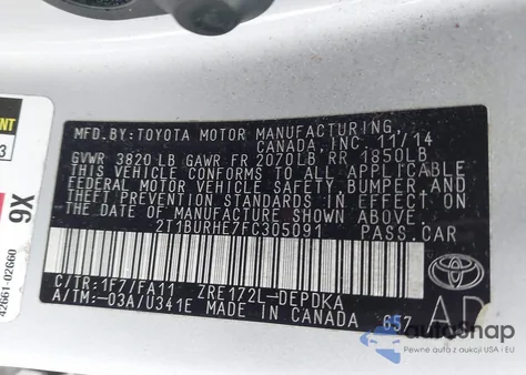 2015 Toyota Corolla L z USA, uszkodzony, nr VIN 2T1BURHE7FC305091